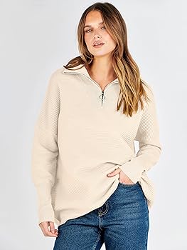 ANRABESS Women Quarter Zip Oversized Casual Loose Rib Knit